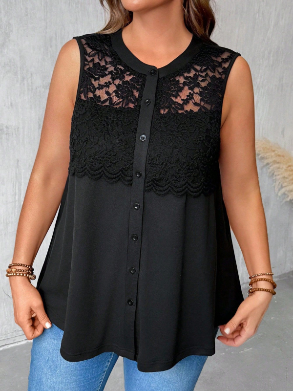 Neriamasis kardiganas su nėrinių panelė ir sagos dekoru, apvali kaklo iškirptė, pieno šilko audinys su poliesterio-spandekso mišiniu