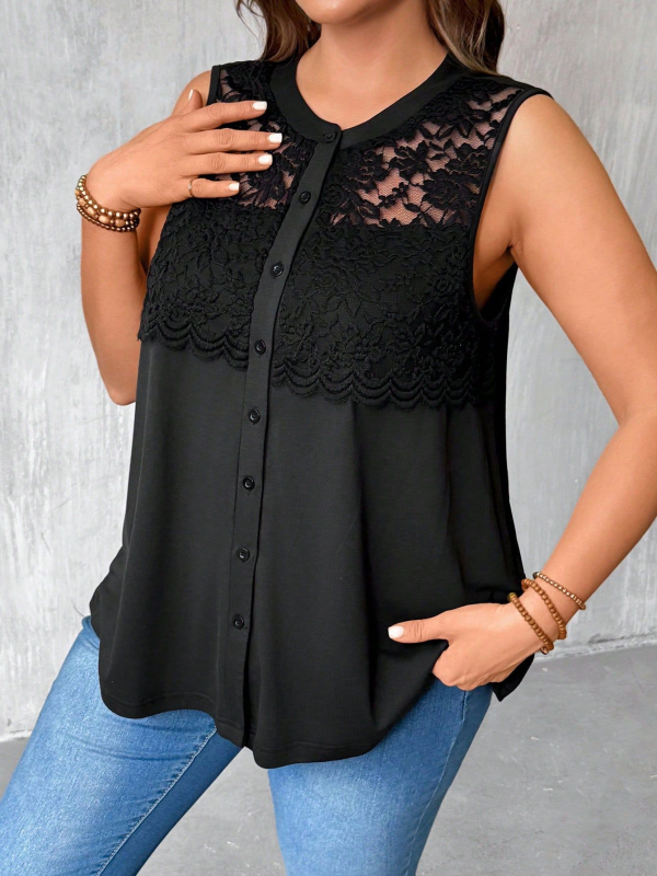 Neriamasis kardiganas su nėrinių panelė ir sagos dekoru, apvali kaklo iškirptė, pieno šilko audinys su poliesterio-spandekso mišiniu