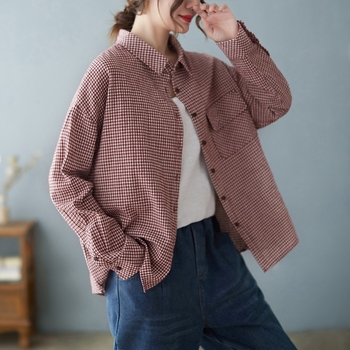 Krekls no kokvilnas un lina ar rūtainu rakstu, garas piedurknes, polo apkakle, brīvā piegriezuma