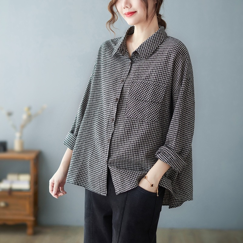 Krekls no kokvilnas un lina ar rūtainu rakstu, garas piedurknes, polo apkakle, brīvā piegriezuma