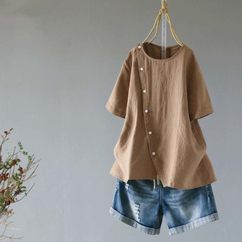 Kokvilnas-lināna blūza, brīvā piegriezums, īsas piedurknes, apļveida kakla izgriezums, nerakstīta mala