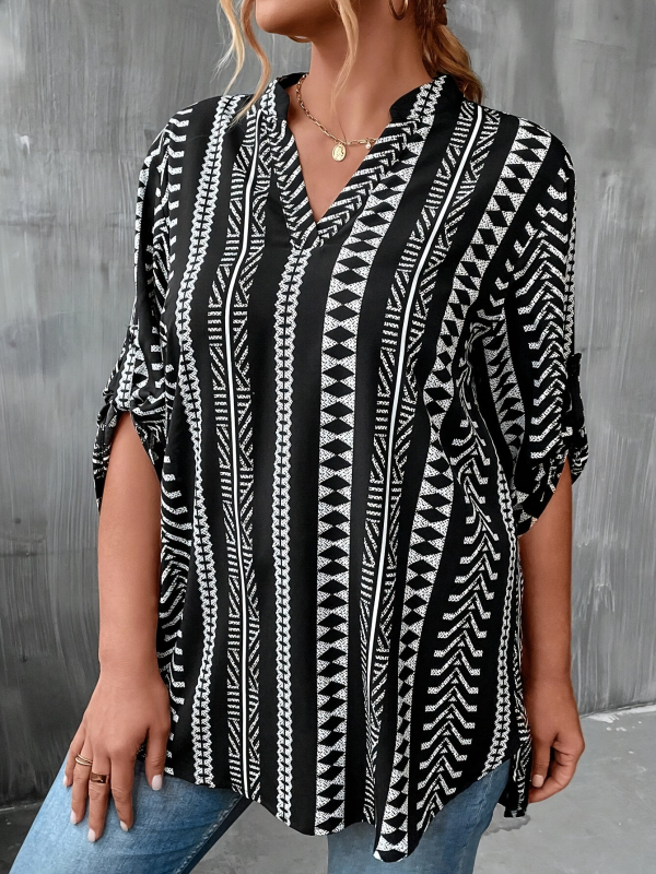 Moteriškas dryžuotas V kaklo topas, poliesteris, 3/4 rankovės, koliažo dizainas