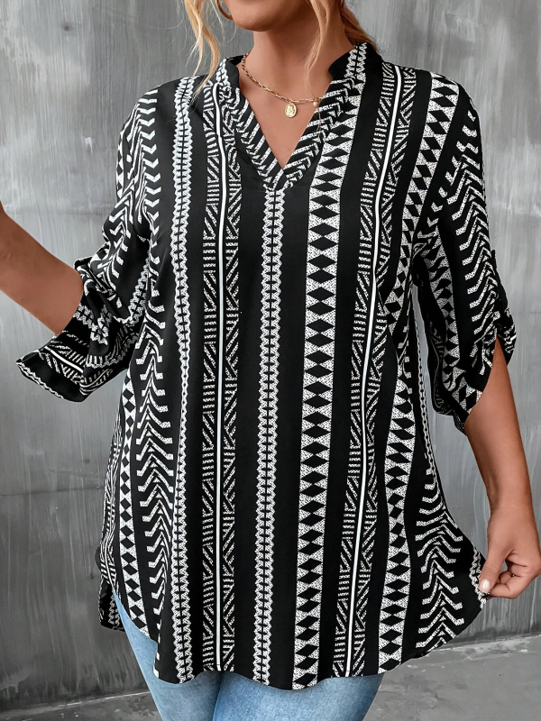 Moteriškas dryžuotas V kaklo topas, poliesteris, 3/4 rankovės, koliažo dizainas