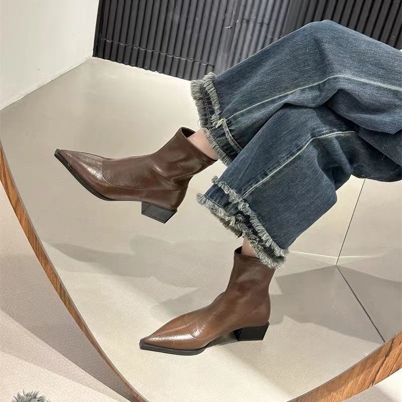 Botine Martin pentru femei cu vârf ascuțit, toc gros 3-5 cm, PU partea superioară, talpă din cauciuc