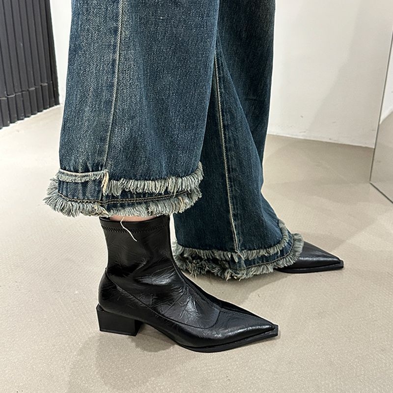 Botine Martin pentru femei cu vârf ascuțit, toc gros 3-5 cm, PU partea superioară, talpă din cauciuc