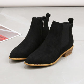 Cizme Martin pentru femei - stil britanic, PU partea superioară, talpă din cauciuc, vârf ascuțit, toc gros 3–5 cm, fermoar pe lateral, gambă scurtă