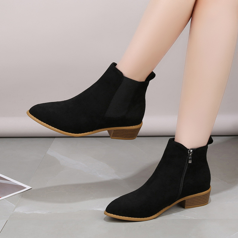 Cizme Martin pentru femei - stil britanic, PU partea superioară, talpă din cauciuc, vârf ascuțit, toc gros 3–5 cm, fermoar pe lateral, gambă scurtă