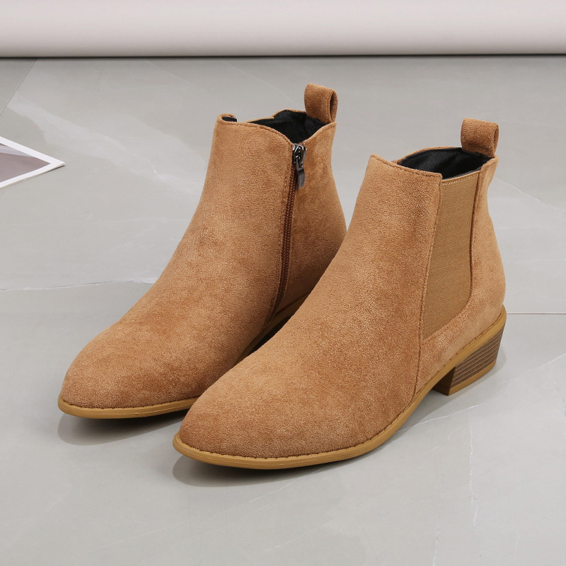 Cizme Martin pentru femei - stil britanic, PU partea superioară, talpă din cauciuc, vârf ascuțit, toc gros 3–5 cm, fermoar pe lateral, gambă scurtă