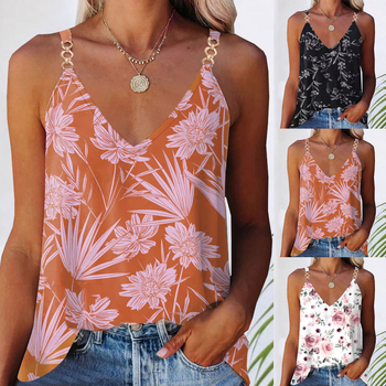 Moteriškas sling top su V kaklu, be rankovių, laisvas kirpimas, gėlių raštas, poliesteris