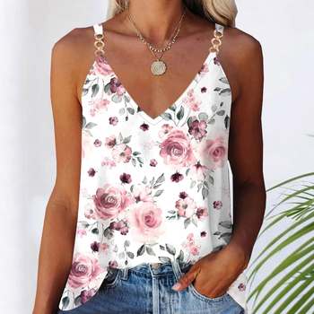 Moteriškas sling top su V kaklu, be rankovių, laisvas kirpimas, gėlių raštas, poliesteris