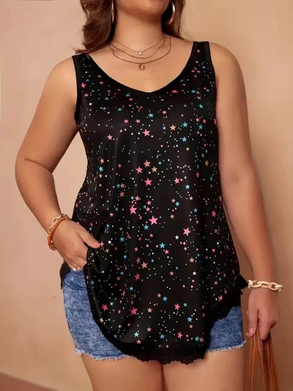 V-kaklo be rankovių top, kozminiu žvaigždžių danga motyvu, poliesterio ir spandekso audinys, siuvimo sujungimo dizainas, laisvas kirpimas