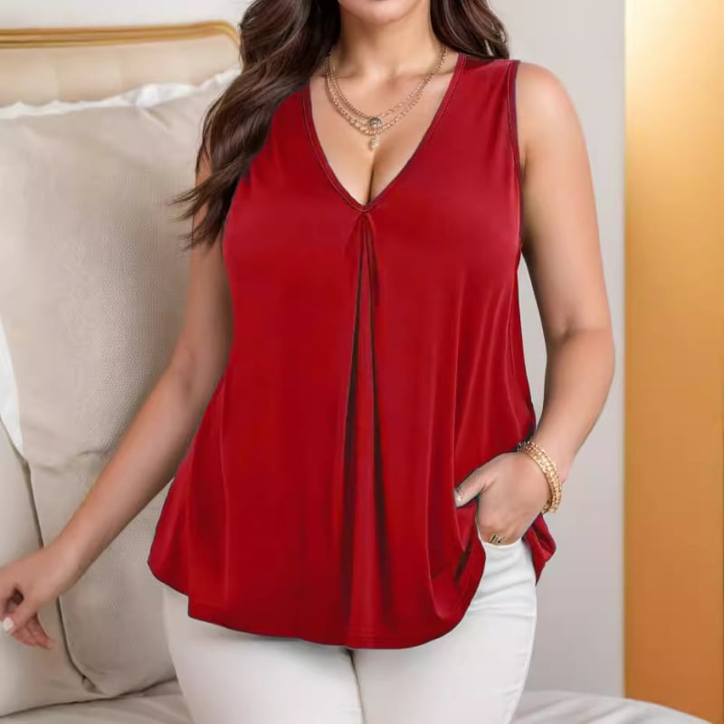 Be rankovių V kaklo topas, vientisas raštas, pieno šilkas audinys, poliesteris 95%+, elastanas <30%, vidutinio ilgio 65–80 cm, vasara 2024