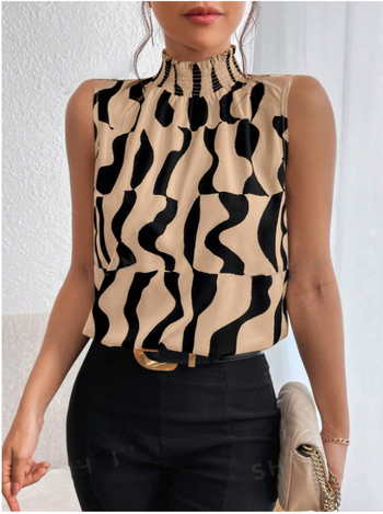 Krekls bez piedurknēm ar dzīvnieku rakstu, pusaugsta apkakle, brīva piegriezums, poliestera ar elastānu