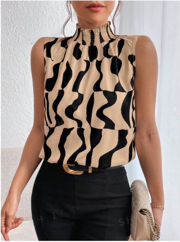 Krekls bez piedurknēm ar dzīvnieku rakstu, pusaugsta apkakle, brīva piegriezums, poliestera ar elastānu