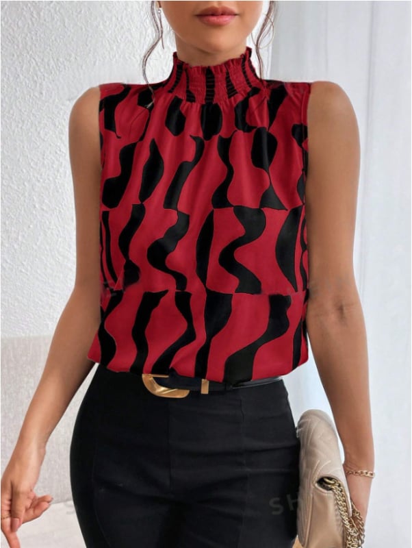 Krekls bez piedurknēm ar dzīvnieku rakstu, pusaugsta apkakle, brīva piegriezums, poliestera ar elastānu