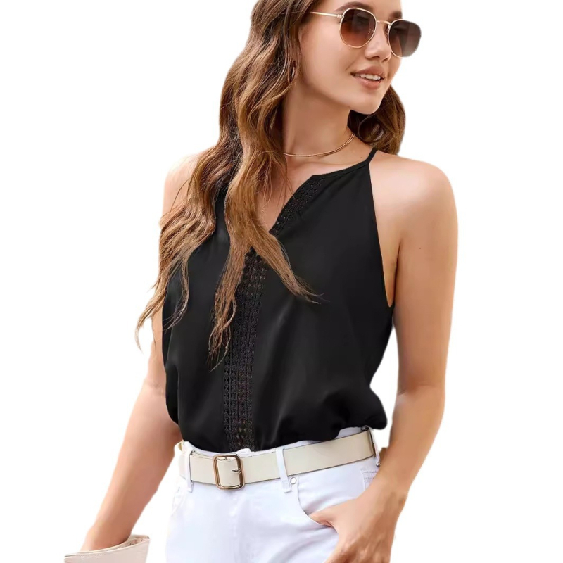 Dailūs moters be rankovių marškinėliai su V kaklu, liesas siluetas, vientisas raštas, poliesterio audinys 90-95% poliesterio ir spandeksas <30%