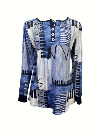 Тениска с дълги ръкави, кръгло деколте, дигитален печат, геометричен принт, полиестер над 95%