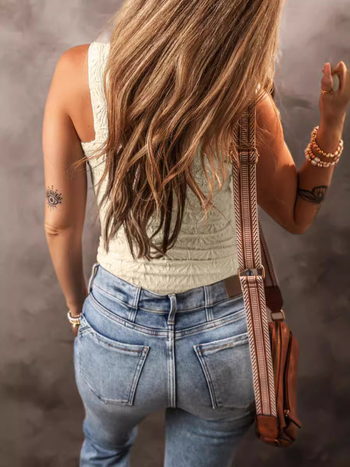 Moteriškas be rankovių topas su gėlių žakardo raštu – slim siluetas, poliesterio-viskozės mišinys, mikroelastingumas, vasara 2024