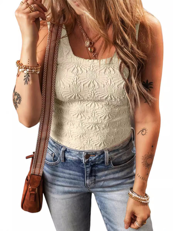 Moteriškas be rankovių topas su gėlių žakardo raštu – slim siluetas, poliesterio-viskozės mišinys, mikroelastingumas, vasara 2024