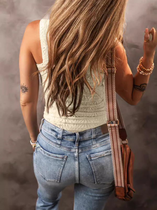 Moteriškas be rankovių topas su gėlių žakardo raštu – slim siluetas, poliesterio-viskozės mišinys, mikroelastingumas, vasara 2024