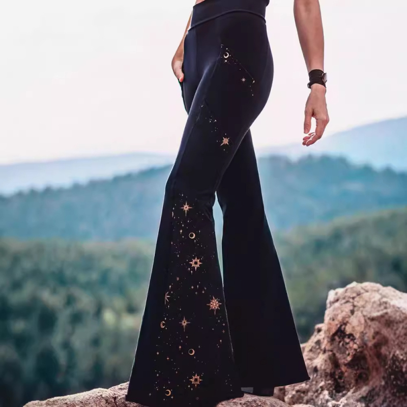 Moteriškos vasaros tiesios kelnės su spauda, Milk Silk audinys, 90–95% poliesteris, elastinis liemuo