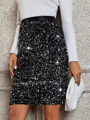 Φούστα Α-γραμμής με παγιέτες και χάντρες, ψηλή μέση, κοντή γραμμή, πολυεστέρας 95%+, χωρίς σιδέρωμα