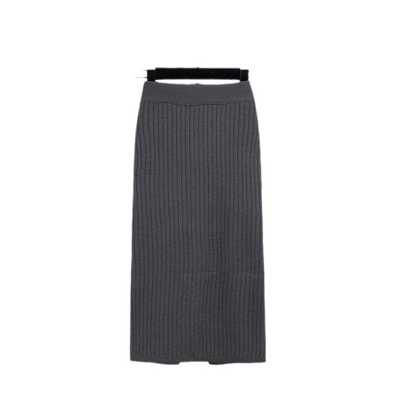 Moteriška megzta midi sijona su klubų dengiančiu siluetu, vienalytė spalva, flocking tekstūra, viskozės pluoštas, mikroelastingumas