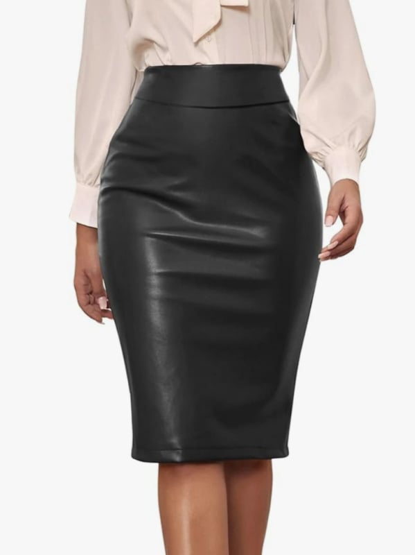 PU odos midi sijonas, aukštas liemenys, aptemptas formos kirpimas, koliažo siūlių detalė