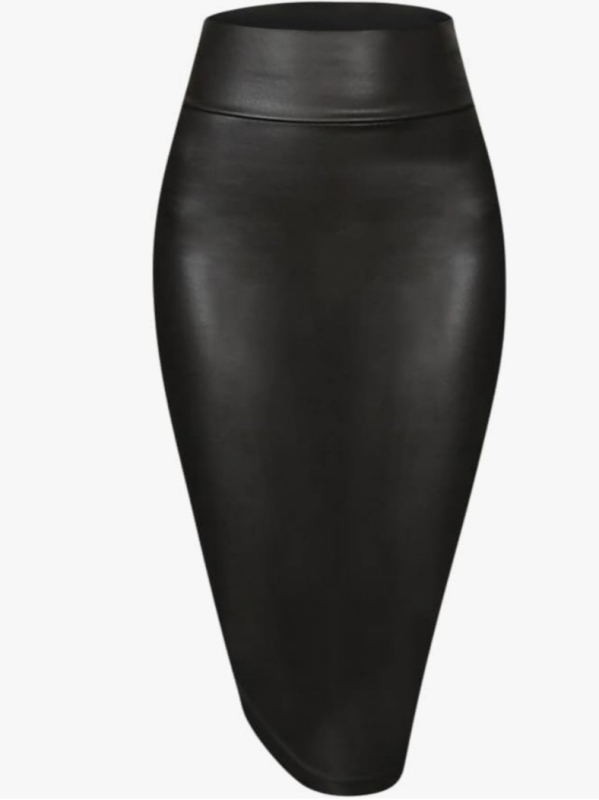 PU odos midi sijonas, aukštas liemenys, aptemptas formos kirpimas, koliažo siūlių detalė