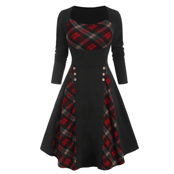rochie lungă cu imprimeu carouri, talie înaltă, guler rotund, mâneci lungi