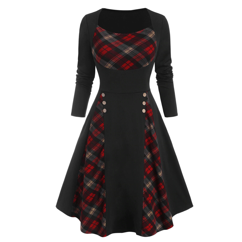 rochie lungă cu imprimeu carouri, talie înaltă, guler rotund, mâneci lungi