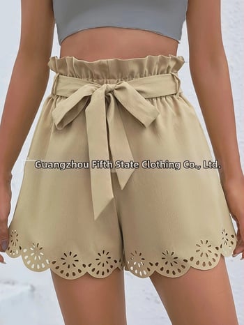 Moterų šortai su dirželiu ir banginiu kraštu, poliesterio audinys 95%+, vasara 2024, kasdienis stilius, japonų ir korėjiečių casual stilius
