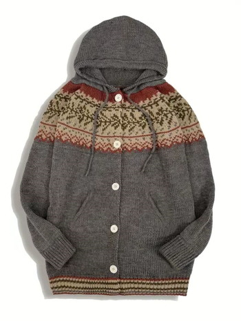 Moteriškas megztinis su gobtuvu iš poliesterio su geometriniu raštu, ilgos rankovės, vidutinio ilgio, elegantiškas stilius, laisvas kirpimas