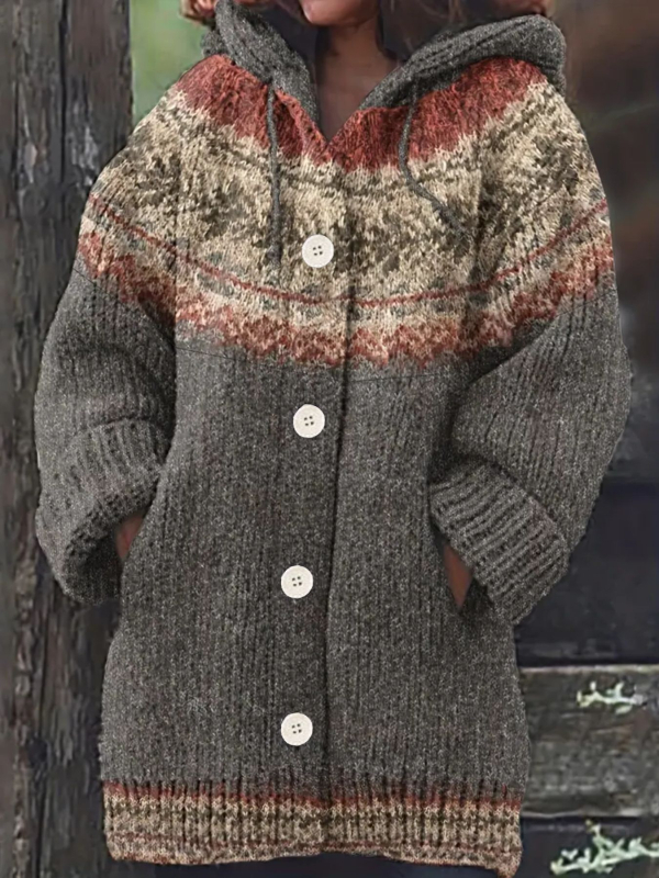 Moteriškas megztinis su gobtuvu iš poliesterio su geometriniu raštu, ilgos rankovės, vidutinio ilgio, elegantiškas stilius, laisvas kirpimas