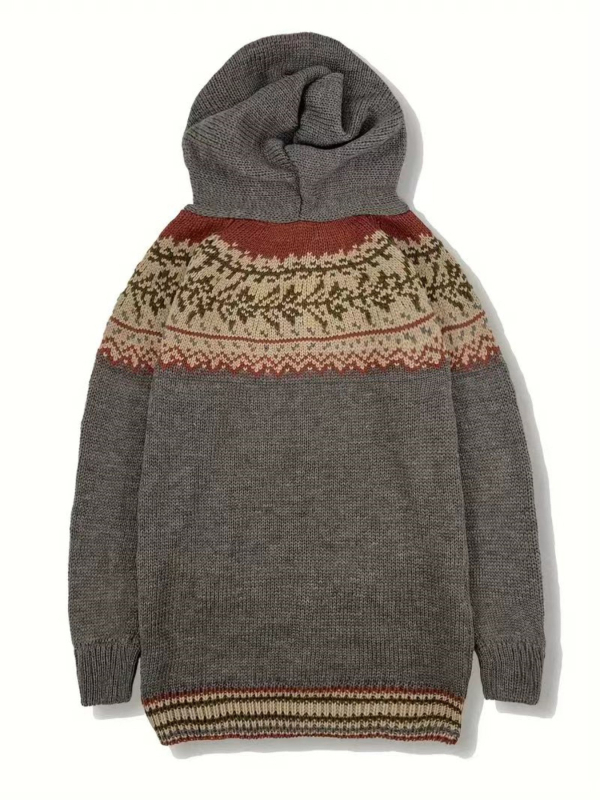 Moteriškas megztinis su gobtuvu iš poliesterio su geometriniu raštu, ilgos rankovės, vidutinio ilgio, elegantiškas stilius, laisvas kirpimas