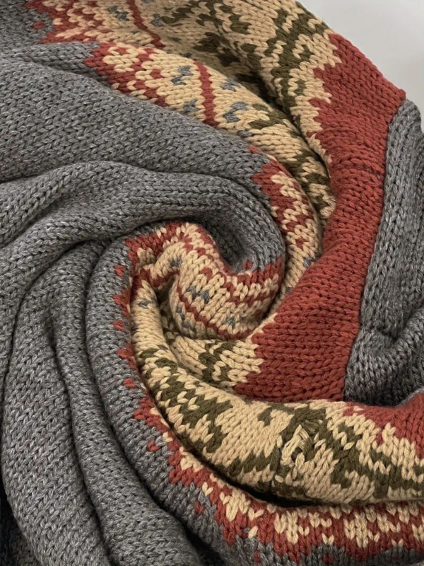 Moteriškas megztinis su gobtuvu iš poliesterio su geometriniu raštu, ilgos rankovės, vidutinio ilgio, elegantiškas stilius, laisvas kirpimas