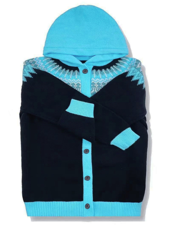 Moterų kardiganas su geometriniu raštu, poliesterio mezginys, ilgomis raglano rankovėmis, atvira kaklo linija, vidutinio ilgio 65–80 cm