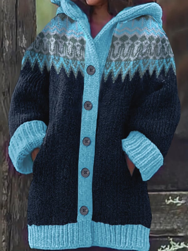 Moterų kardiganas su geometriniu raštu, poliesterio mezginys, ilgomis raglano rankovėmis, atvira kaklo linija, vidutinio ilgio 65–80 cm