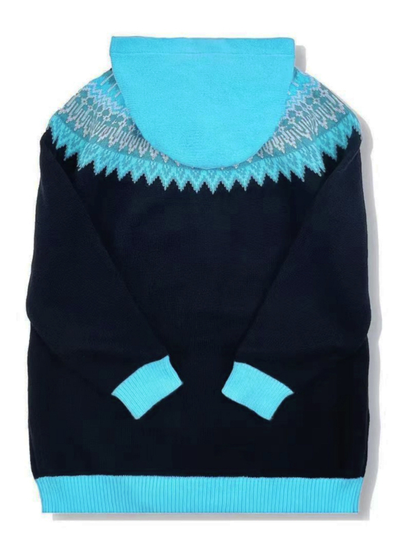 Moterų kardiganas su geometriniu raštu, poliesterio mezginys, ilgomis raglano rankovėmis, atvira kaklo linija, vidutinio ilgio 65–80 cm