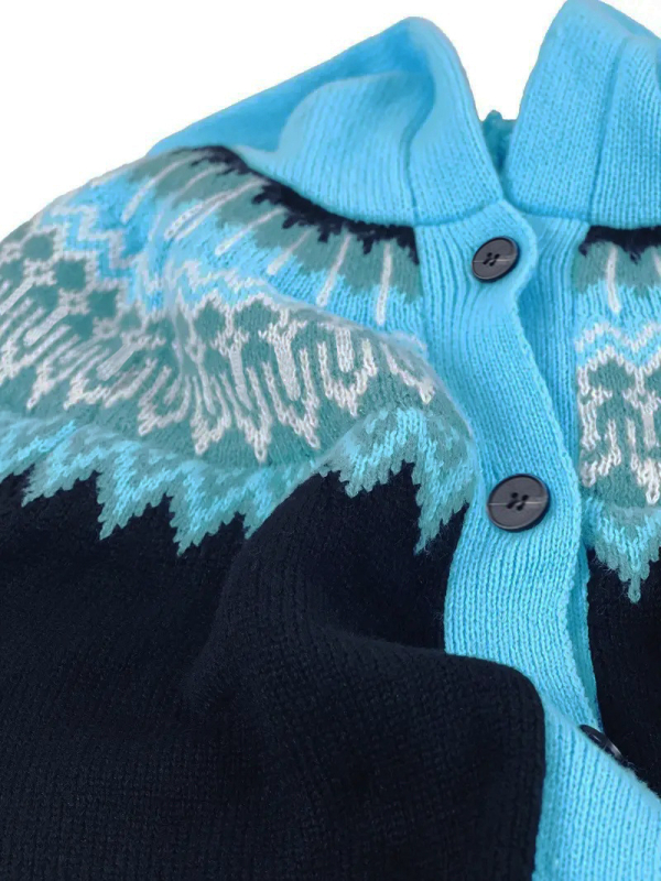 Moterų kardiganas su geometriniu raštu, poliesterio mezginys, ilgomis raglano rankovėmis, atvira kaklo linija, vidutinio ilgio 65–80 cm