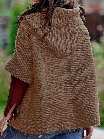 Moteriškas gobtuvės kardiganas, laisvas kirpimas, ilgos rankovės, vidutinio ilgio, užsegamas dviem sagomis, poliesterio audinys