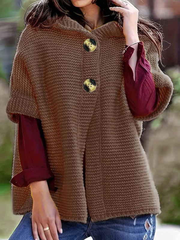 Moteriškas gobtuvės kardiganas, laisvas kirpimas, ilgos rankovės, vidutinio ilgio, užsegamas dviem sagomis, poliesterio audinys