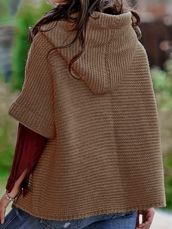 Moteriškas gobtuvės kardiganas, laisvas kirpimas, ilgos rankovės, vidutinio ilgio, užsegamas dviem sagomis, poliesterio audinys