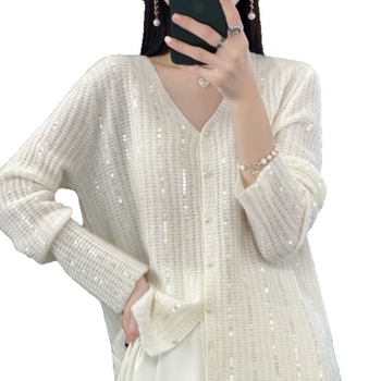 Cardigan tricotat cu paiete, decolteu în V – croială lejeră, mâneci lungi, grosime medie, închidere cu nasturi pe o linie, Primăvara 2025