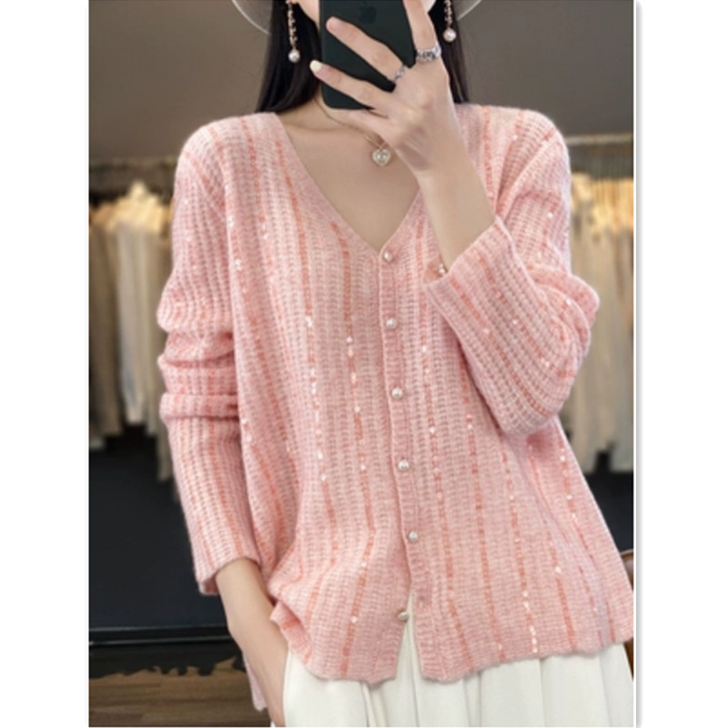 Cardigan tricotat cu paiete, decolteu în V – croială lejeră, mâneci lungi, grosime medie, închidere cu nasturi pe o linie, Primăvara 2025
