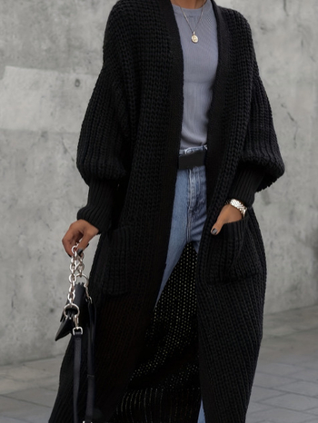 Ilgas megztinis kardiganas moterims (Poliesteris; 95%+ turinys; laisva forma; ilgos rankovės; pusiau atidaryta apykaklė)