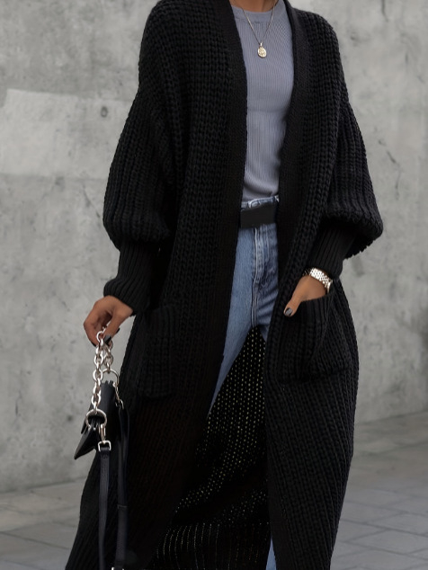 Ilgas megztinis kardiganas moterims (Poliesteris; 95%+ turinys; laisva forma; ilgos rankovės; pusiau atidaryta apykaklė)