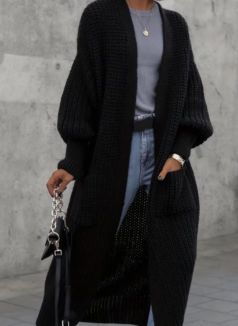 Ilgas megztinis kardiganas moterims (Poliesteris; 95%+ turinys; laisva forma; ilgos rankovės; pusiau atidaryta apykaklė)