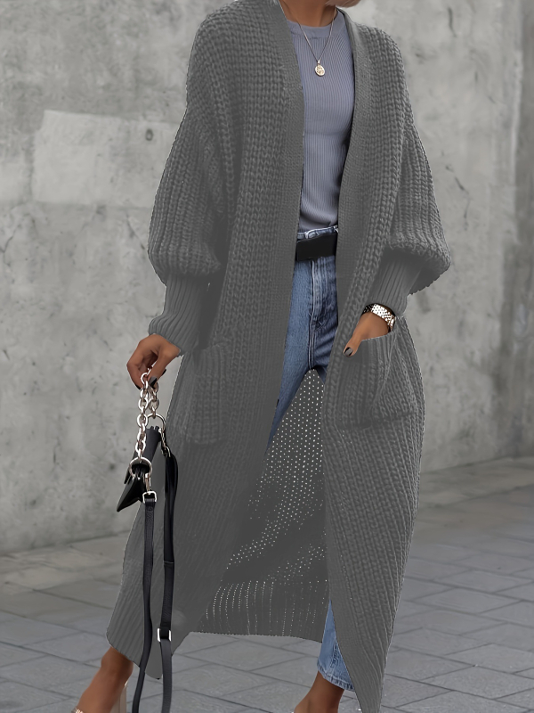 Ilgas megztinis kardiganas moterims (Poliesteris; 95%+ turinys; laisva forma; ilgos rankovės; pusiau atidaryta apykaklė)