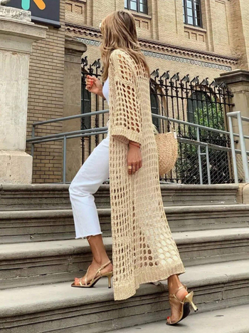 Cardigan tricotat din acrilic, model decupat, croială lejeră, mâneci lungi, lungime lungă, 95% acrilic